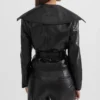 Womens Black Wide Lapel Leather Jacket With Belted Back