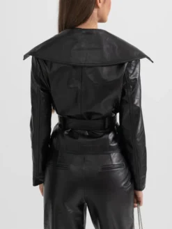 Womens Black Wide Lapel Leather Jacket With Belted Back