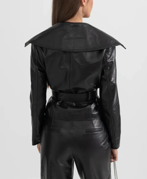 Womens Black Wide Lapel Leather Jacket With Belted Back