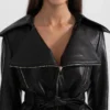 Womens Black Wide Lapel Leather Jacket With Belted Collar