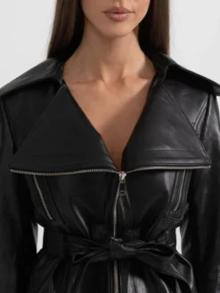 Womens Black Wide Lapel Leather Jacket With Belted Collar