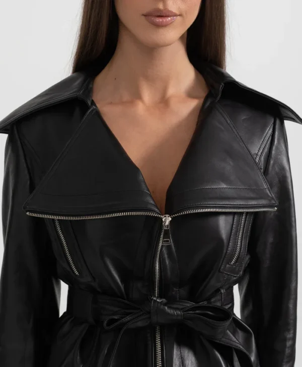 Womens Black Wide Lapel Leather Jacket With Belted Collar