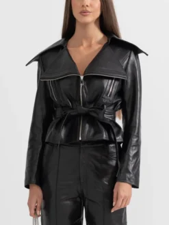 Womens Black Wide Lapel Leather Jacket With Belted Main