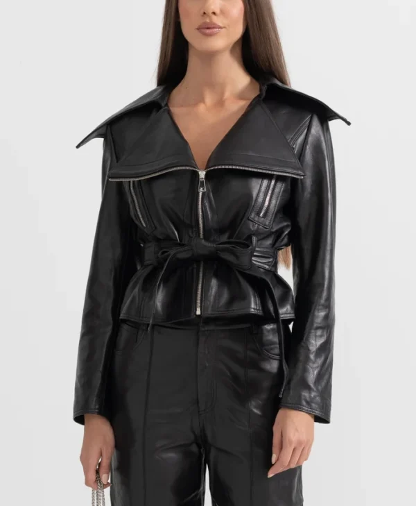 Womens Black Wide Lapel Leather Jacket With Belted Main