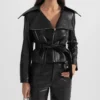 Womens Black Wide Lapel Leather Jacket With Belted Pockets
