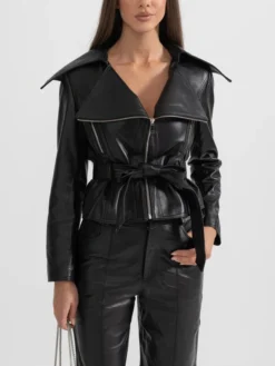 Womens Black Wide Lapel Leather Jacket With Belted Pockets