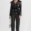 Womens Black Wide Lapel Leather Jacket With Belted Stand Up