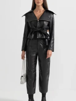 Womens Black Wide Lapel Leather Jacket With Belted Stand Up