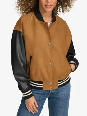 Womens Brown Varsity Bomber Jacket With Leather Sleeves