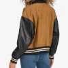 Womens Brown Varsity Bomber Jacket With Leather Sleeves Back