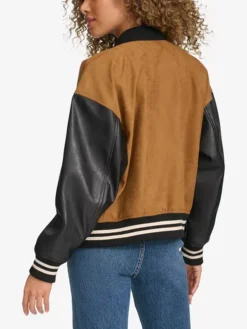 Womens Brown Varsity Bomber Jacket With Leather Sleeves Back