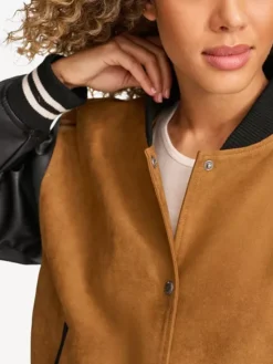 Womens Brown Varsity Bomber Jacket With Leather Sleeves Rib Knitted