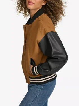 Womens Brown Varsity Bomber Jacket With Leather Sleeves Side