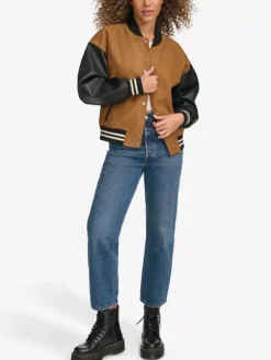 Womens Brown Varsity Bomber Jacket With Leather Sleeves Stand