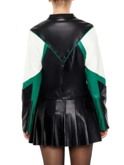 Womens Colorblock Green And Black Cropped Leather Moto Jacket Back