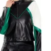 Womens Colorblock Green And Black Cropped Leather Moto Jacket Closure