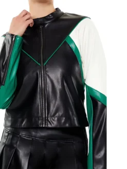 Womens Colorblock Green And Black Cropped Leather Moto Jacket Closure