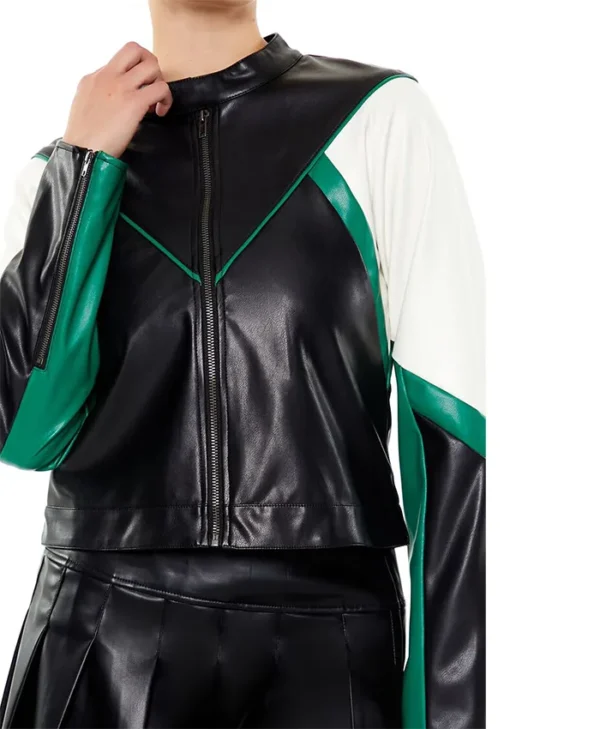 Womens Colorblock Green And Black Cropped Leather Moto Jacket Closure