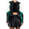 Womens Colorblock Green And Black Cropped Leather Moto Jacket Main