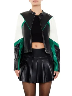 Womens Colorblock Green And Black Cropped Leather Moto Jacket Main