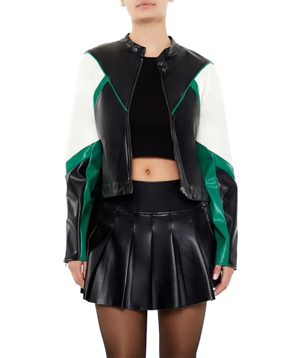 Womens Colorblock Green And Black Cropped Leather Moto Jacket Main