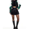 Womens Colorblock Green And Black Cropped Leather Moto Jacket Stand Up