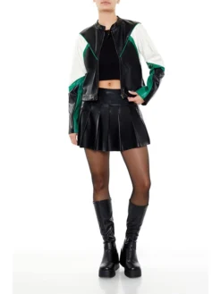 Womens Colorblock Green And Black Cropped Leather Moto Jacket Stand Up