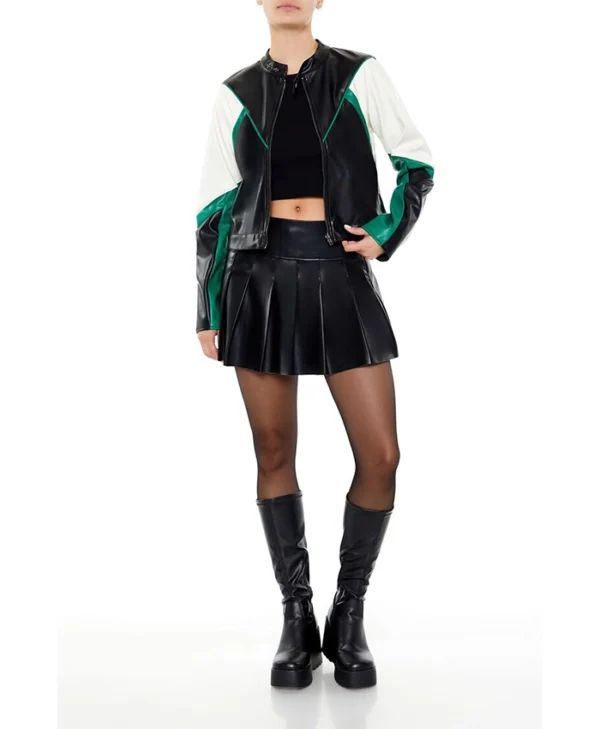 Womens Colorblock Green And Black Cropped Leather Moto Jacket Stand Up