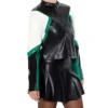 Womens Colorblock Green And Black Cropped Leather Moto Jacket Style