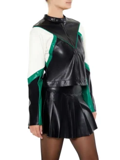 Womens Colorblock Green And Black Cropped Leather Moto Jacket Style