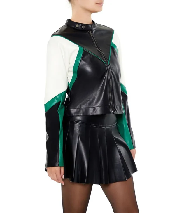 Womens Colorblock Green And Black Cropped Leather Moto Jacket Style