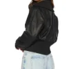 Womens Cropped Black Leather Bomber Jacket Back