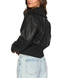Womens Cropped Black Leather Bomber Jacket Back