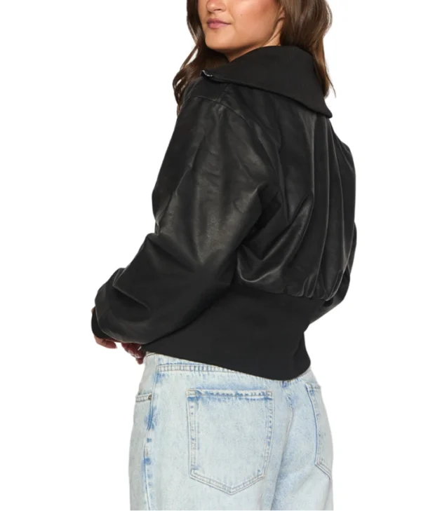 Womens Cropped Black Leather Bomber Jacket Back