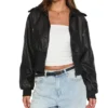 Womens Cropped Black Leather Bomber Jacket Main
