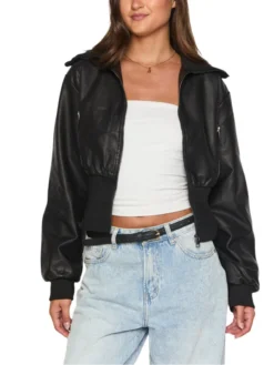 Womens Cropped Black Leather Bomber Jacket Main