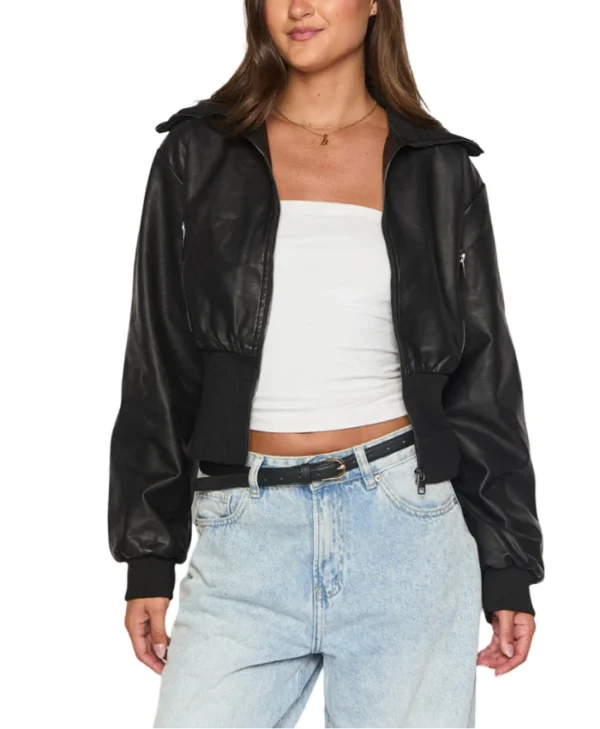 Womens Cropped Black Leather Bomber Jacket Main