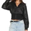 Womens Cropped Black Leather Bomber Jacket Pockets