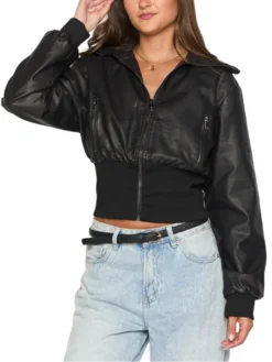 Womens Cropped Black Leather Bomber Jacket Pockets