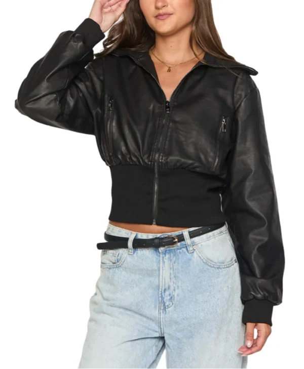 Womens Cropped Black Leather Bomber Jacket Pockets