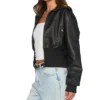 Womens Cropped Black Leather Bomber Jacket Side