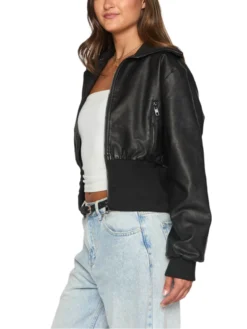 Womens Cropped Black Leather Bomber Jacket Side
