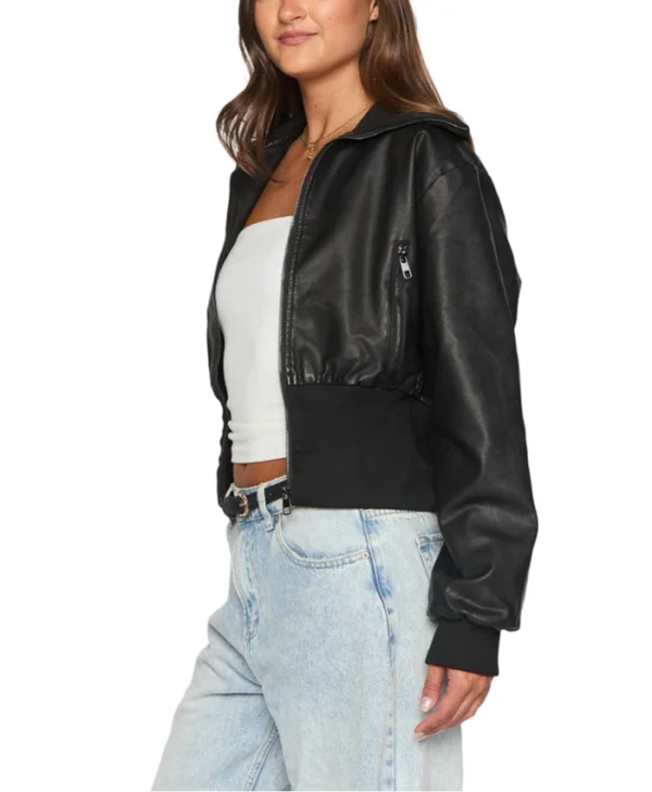 Womens Cropped Black Leather Bomber Jacket Side