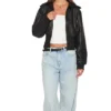 Womens Cropped Black Leather Bomber Jacket Stand