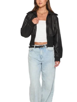 Womens Cropped Black Leather Bomber Jacket Stand