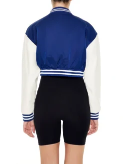 Womens Cropped Blue Lettermen Varsity Jacket Back