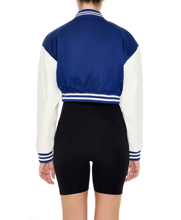 Womens Cropped Blue Lettermen Varsity Jacket Back