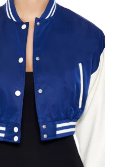 Womens Cropped Blue Lettermen Varsity Jacket Collar