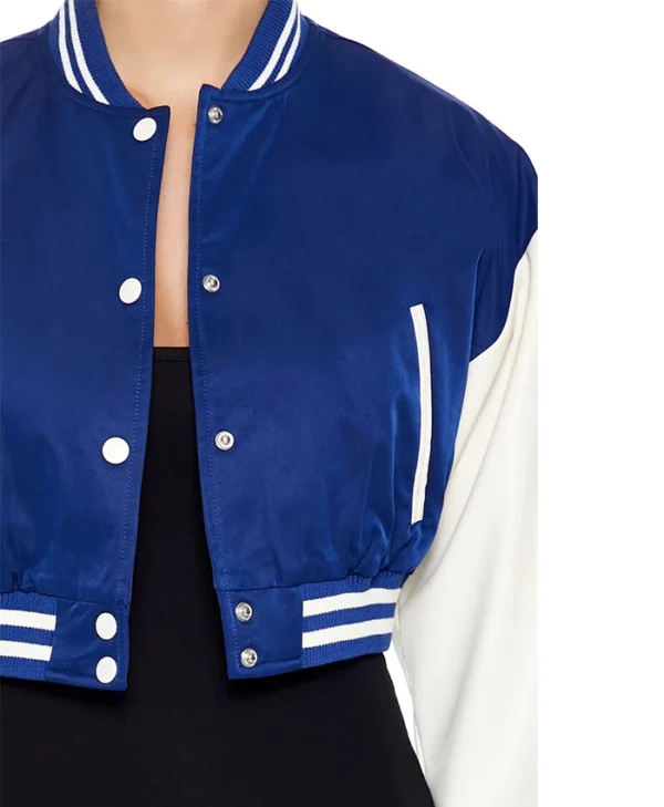 Womens Cropped Blue Lettermen Varsity Jacket Collar