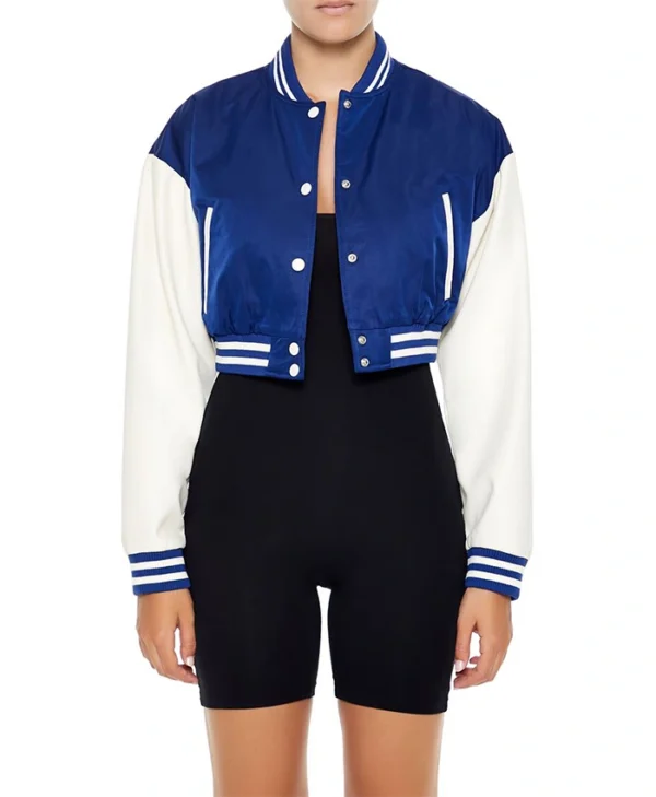Womens Cropped Blue Lettermen Varsity Jacket Main